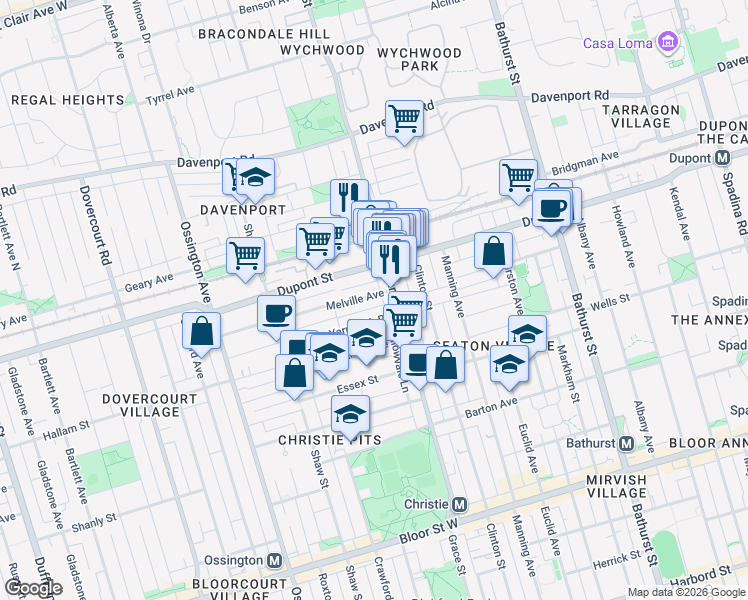 map of restaurants, bars, coffee shops, grocery stores, and more near 15 Melville Avenue in Toronto