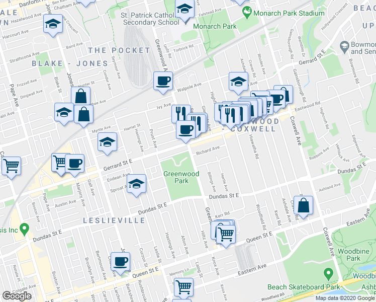 map of restaurants, bars, coffee shops, grocery stores, and more near 208 Greenwood Avenue in Toronto