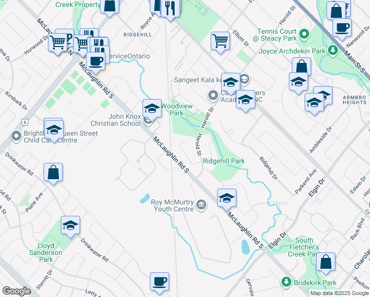 map of restaurants, bars, coffee shops, grocery stores, and more near 27 Roseville Drive in Brampton