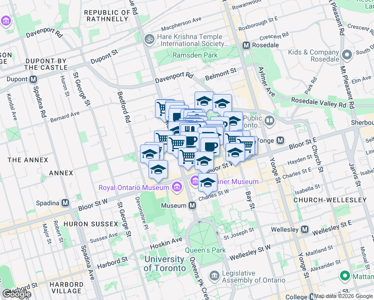 map of restaurants, bars, coffee shops, grocery stores, and more near 135 Yorkville Avenue in Toronto