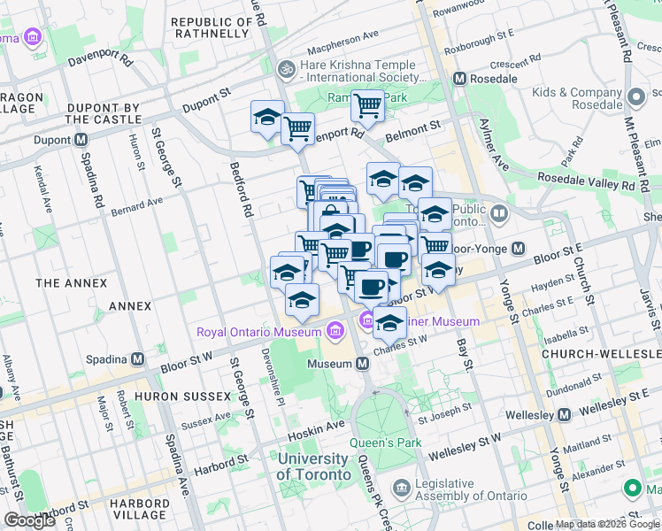 map of restaurants, bars, coffee shops, grocery stores, and more near 47 Avenue Road in Toronto