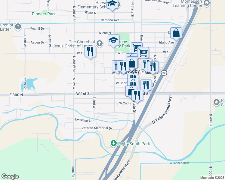 map of restaurants, bars, coffee shops, grocery stores, and more near 158 South 1st West in Rigby