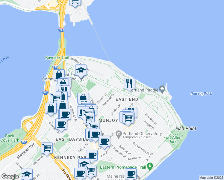 map of restaurants, bars, coffee shops, grocery stores, and more near 310 Eastern Promenade in Portland