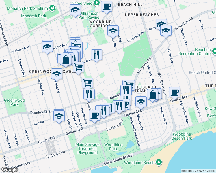 map of restaurants, bars, coffee shops, grocery stores, and more near 9 Vince Avenue in Toronto