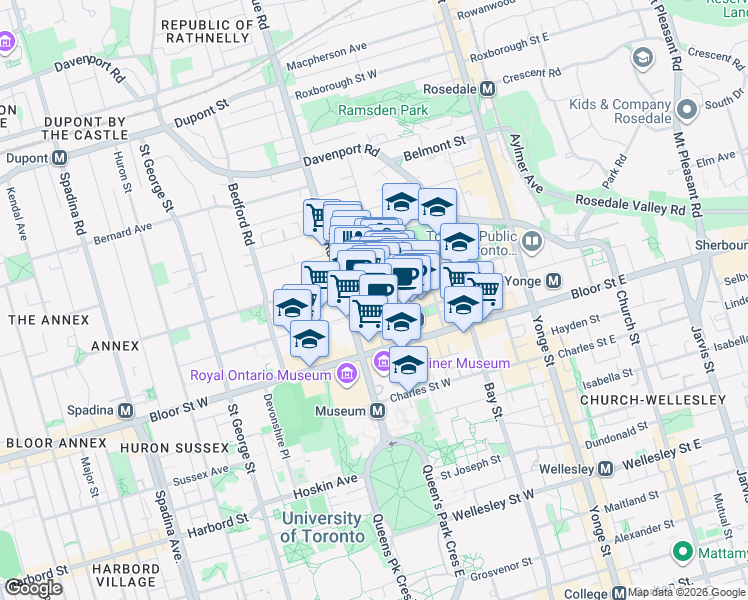 map of restaurants, bars, coffee shops, grocery stores, and more near in Toronto