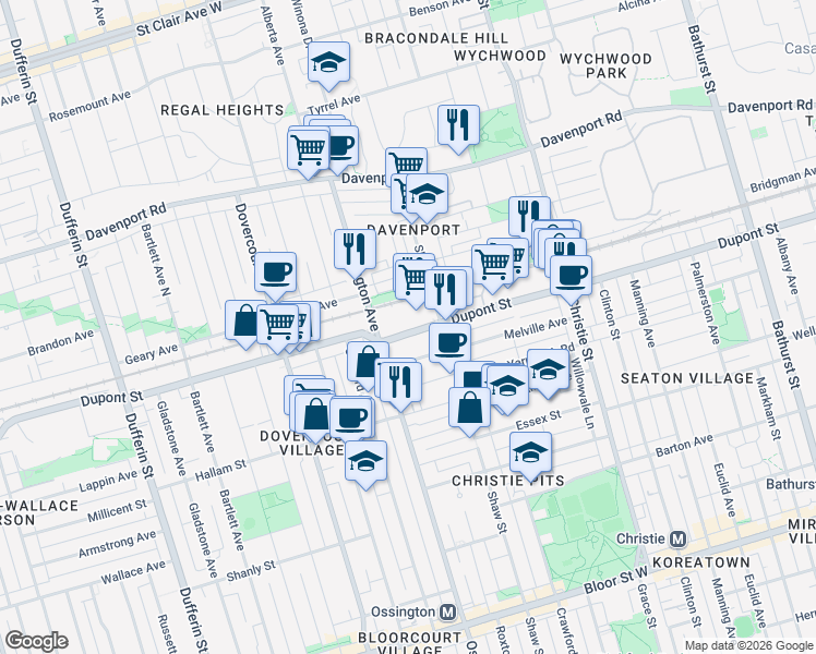 map of restaurants, bars, coffee shops, grocery stores, and more near 858 Dupont Street in Toronto