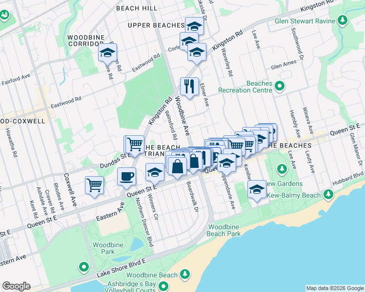 map of restaurants, bars, coffee shops, grocery stores, and more near in Toronto