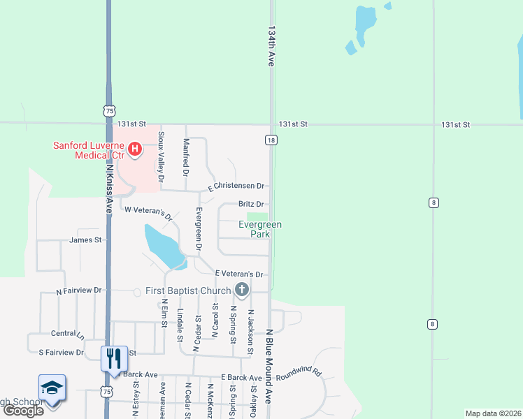 map of restaurants, bars, coffee shops, grocery stores, and more near 722 Britz Drive in Luverne