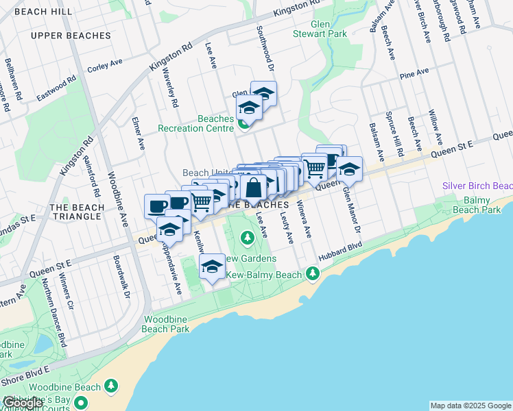 map of restaurants, bars, coffee shops, grocery stores, and more near Queen Street East & Lee Avenue in Toronto