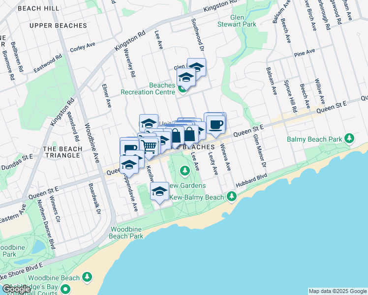 map of restaurants, bars, coffee shops, grocery stores, and more near 2026 Queen Street East in Toronto