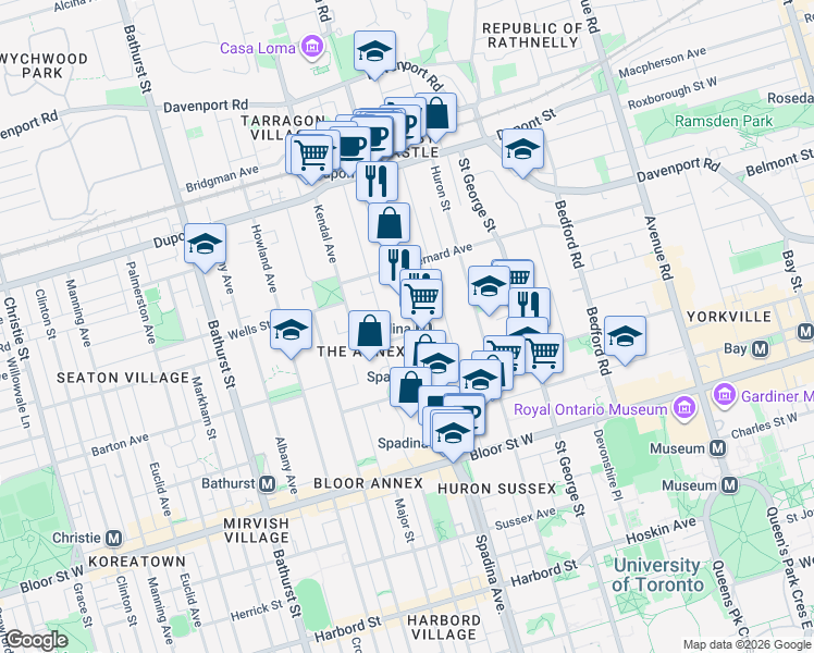 map of restaurants, bars, coffee shops, grocery stores, and more near 70 Spadina Road in Toronto