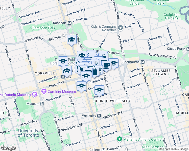 map of restaurants, bars, coffee shops, grocery stores, and more near 98 Bloor Street East in Toronto