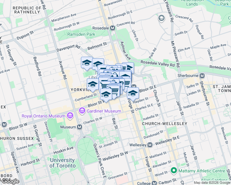 map of restaurants, bars, coffee shops, grocery stores, and more near 50 Bloor Street West in Toronto