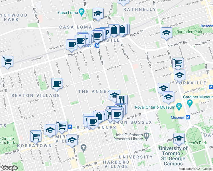 map of restaurants, bars, coffee shops, grocery stores, and more near 70 Spadina Road in Toronto