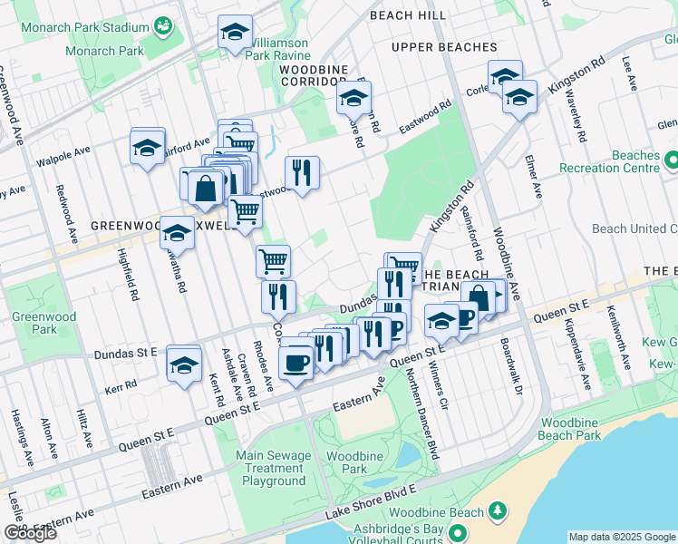 map of restaurants, bars, coffee shops, grocery stores, and more near 11 Vince Avenue in Toronto