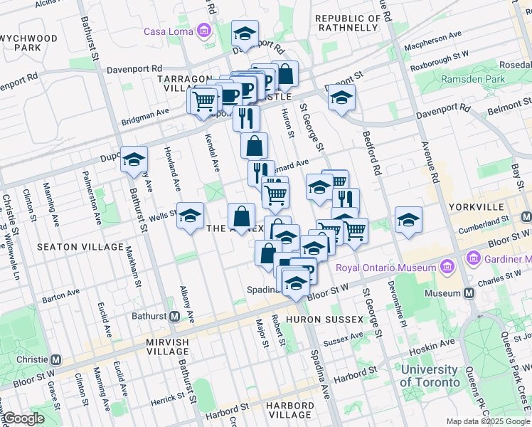 map of restaurants, bars, coffee shops, grocery stores, and more near 70 Spadina Road in Toronto