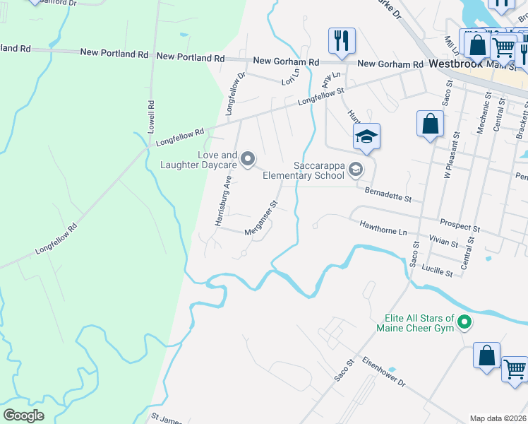 map of restaurants, bars, coffee shops, grocery stores, and more near 23 Merganser Street in Westbrook