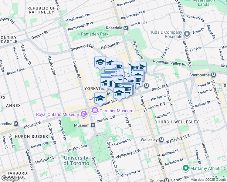 map of restaurants, bars, coffee shops, grocery stores, and more near 88 Cumberland Street in Toronto