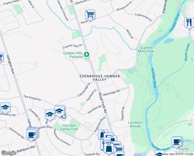 map of restaurants, bars, coffee shops, grocery stores, and more near 62 Edenbridge Drive in Toronto