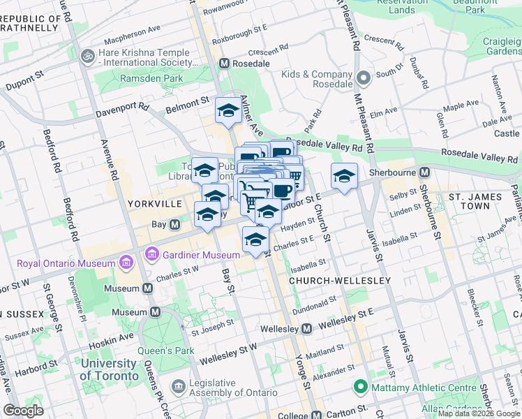 map of restaurants, bars, coffee shops, grocery stores, and more near 2 Bloor Street East in Toronto