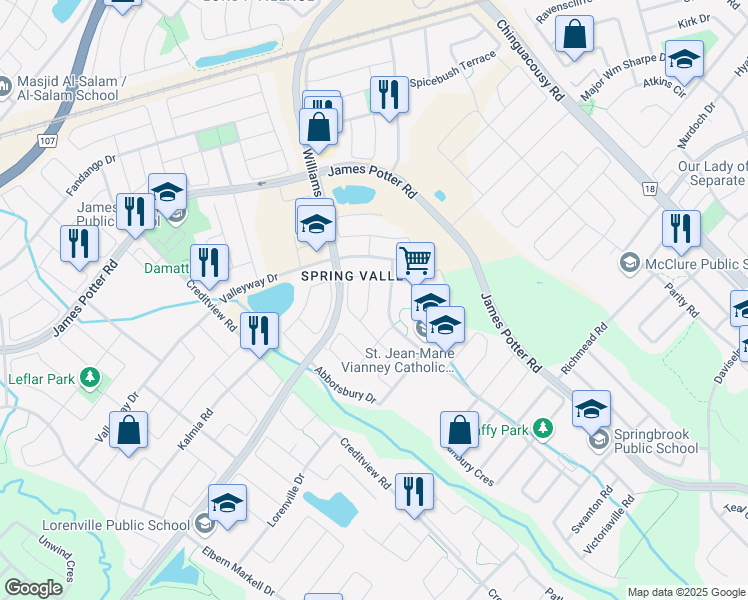 map of restaurants, bars, coffee shops, grocery stores, and more near 11 Duxford Street in Brampton