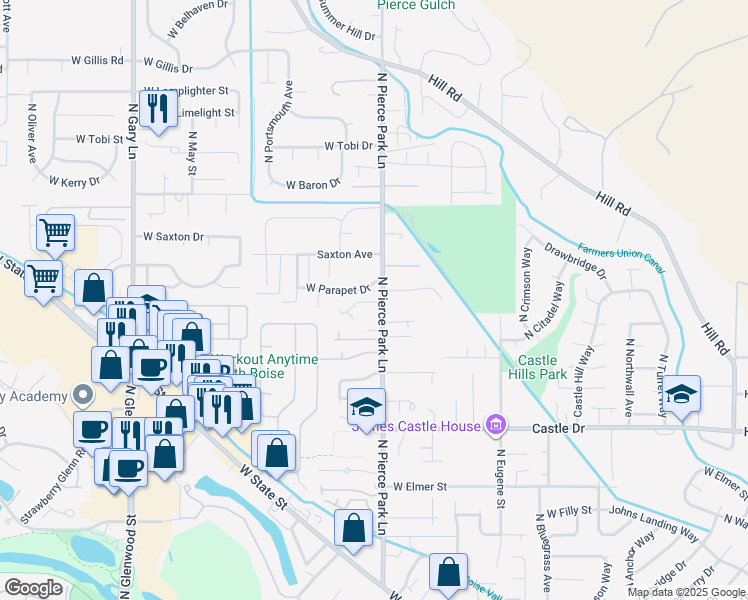map of restaurants, bars, coffee shops, grocery stores, and more near 5461 North Pierce Park Lane in Boise