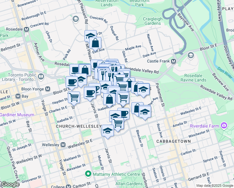map of restaurants, bars, coffee shops, grocery stores, and more near 576 Sherbourne Street in Toronto