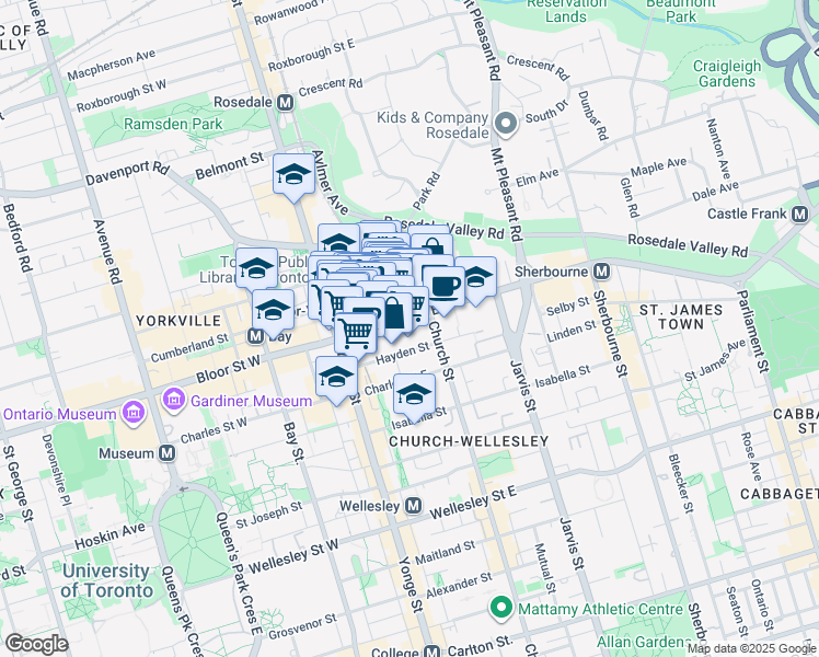 map of restaurants, bars, coffee shops, grocery stores, and more near 121 Bloor Street East in Toronto