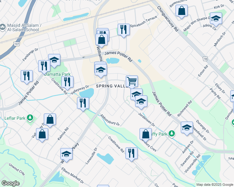 map of restaurants, bars, coffee shops, grocery stores, and more near Duxford Street in Brampton
