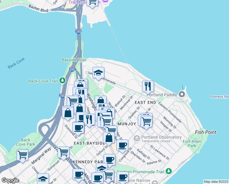 map of restaurants, bars, coffee shops, grocery stores, and more near 320 Eastern Promenade in Portland