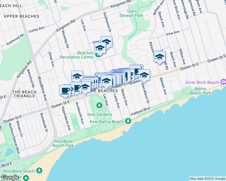 map of restaurants, bars, coffee shops, grocery stores, and more near 98 Leuty Avenue in Toronto