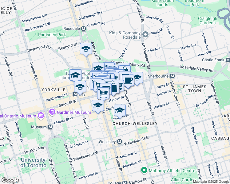 map of restaurants, bars, coffee shops, grocery stores, and more near 85 Bloor Street East in Toronto