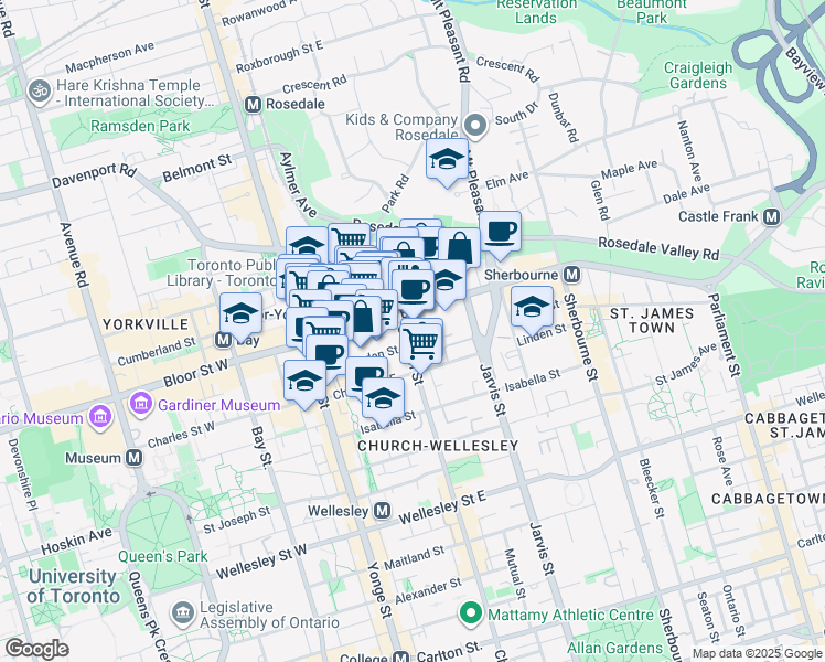 map of restaurants, bars, coffee shops, grocery stores, and more near 175 Bloor Street East in Toronto