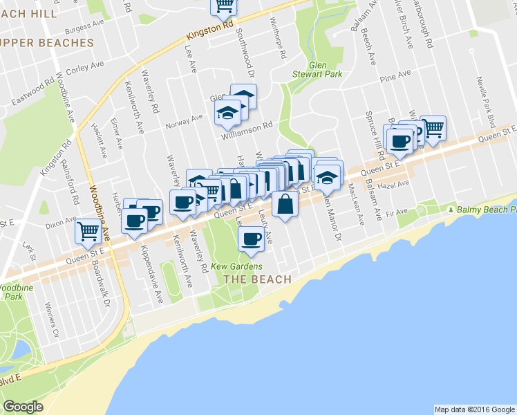 map of restaurants, bars, coffee shops, grocery stores, and more near 98 Leuty Avenue in Toronto
