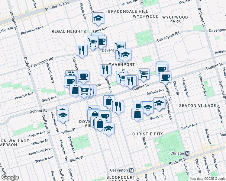 map of restaurants, bars, coffee shops, grocery stores, and more near 888 Dupont Street in Toronto