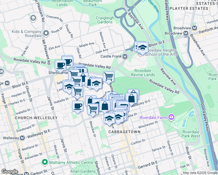 map of restaurants, bars, coffee shops, grocery stores, and more near 670 Parliament Street in Toronto
