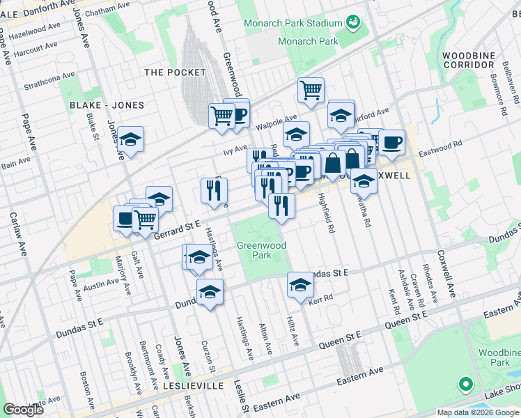 map of restaurants, bars, coffee shops, grocery stores, and more near 1271 Gerrard Street East in Toronto