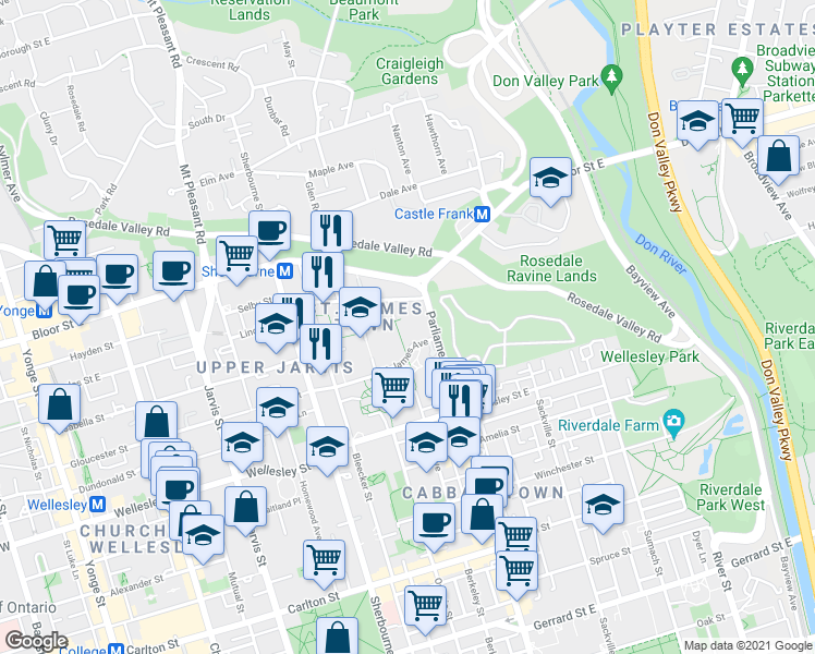 map of restaurants, bars, coffee shops, grocery stores, and more near 135 Rose Avenue in Toronto