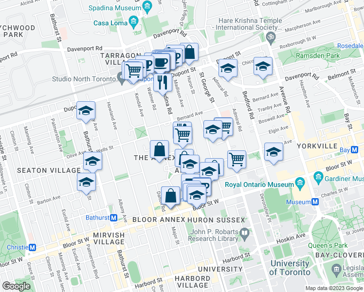 map of restaurants, bars, coffee shops, grocery stores, and more near 93 Spadina Road in Toronto