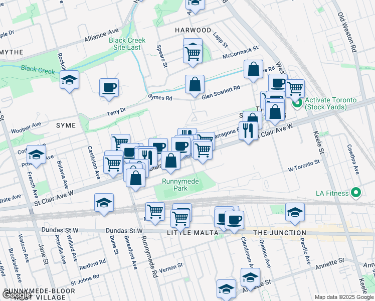 map of restaurants, bars, coffee shops, grocery stores, and more near 2300 Saint Clair Avenue West in Toronto