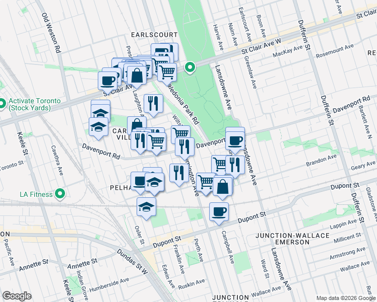 map of restaurants, bars, coffee shops, grocery stores, and more near 1839 Davenport Road in Toronto