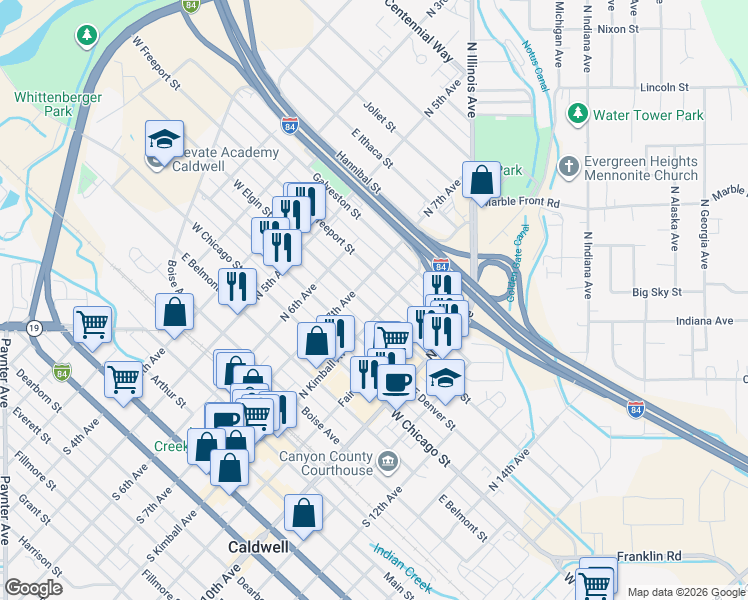 map of restaurants, bars, coffee shops, grocery stores, and more near 712 East Freeport Street in Caldwell