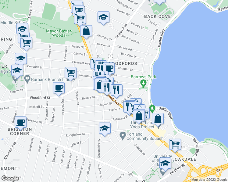 map of restaurants, bars, coffee shops, grocery stores, and more near 101 Woodford Street in Portland