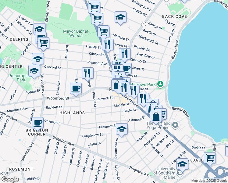 map of restaurants, bars, coffee shops, grocery stores, and more near 167 Woodford Street in Portland