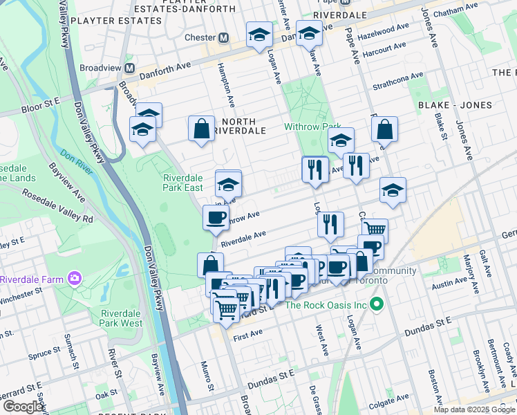 map of restaurants, bars, coffee shops, grocery stores, and more near in Toronto