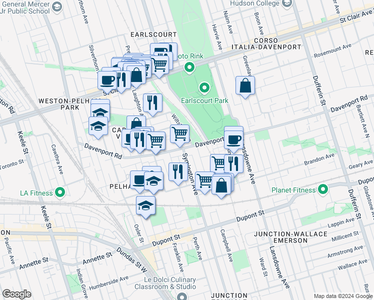 map of restaurants, bars, coffee shops, grocery stores, and more near in Toronto
