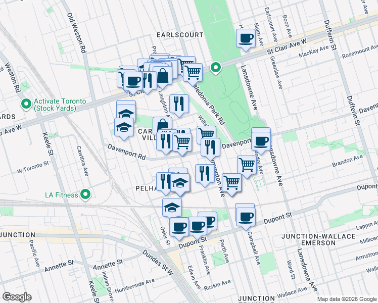 map of restaurants, bars, coffee shops, grocery stores, and more near in Toronto
