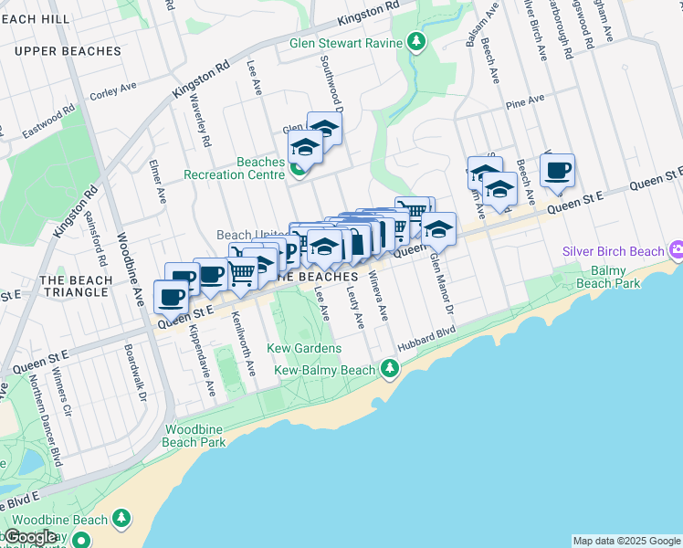 map of restaurants, bars, coffee shops, grocery stores, and more near 98 Leuty Avenue in Toronto