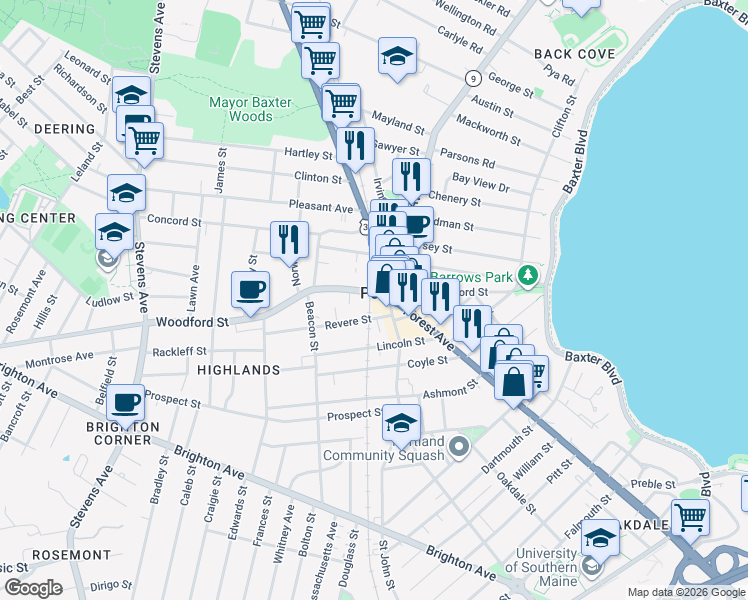 map of restaurants, bars, coffee shops, grocery stores, and more near 167 Woodford Street in Portland