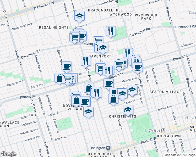 map of restaurants, bars, coffee shops, grocery stores, and more near 858 Dupont Street in Toronto